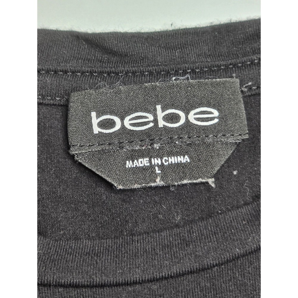 BEBE T Shirt Womens Black Short Sleeve Rhinestone Logo Animal Print SZ LG - Picture 4 of 9